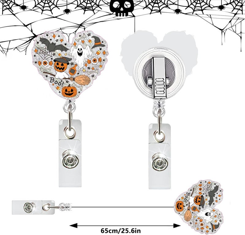 NSSHEL Halloween Ghost Badge Reel Fun Halloween Retractable ID Badge Reel for Nurse, Heart Shape Acrylic Pumpkin Badges Holder with Alligator Clip Fun Holiday Gifts for Nurses Medical Assistant Nursing Staff - Image 4